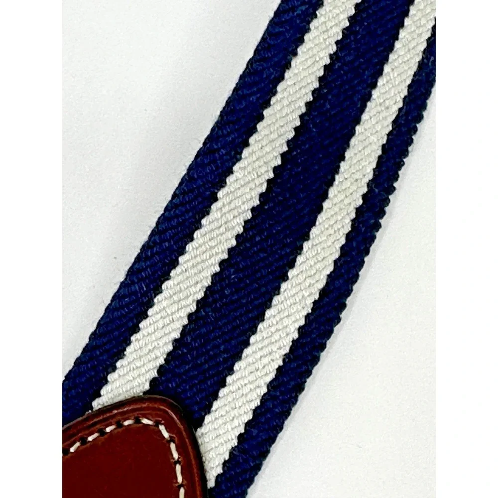 Polo Ralph Lauren Belt Sz 36 Blue White Striped Brown Leather Horse Preppy